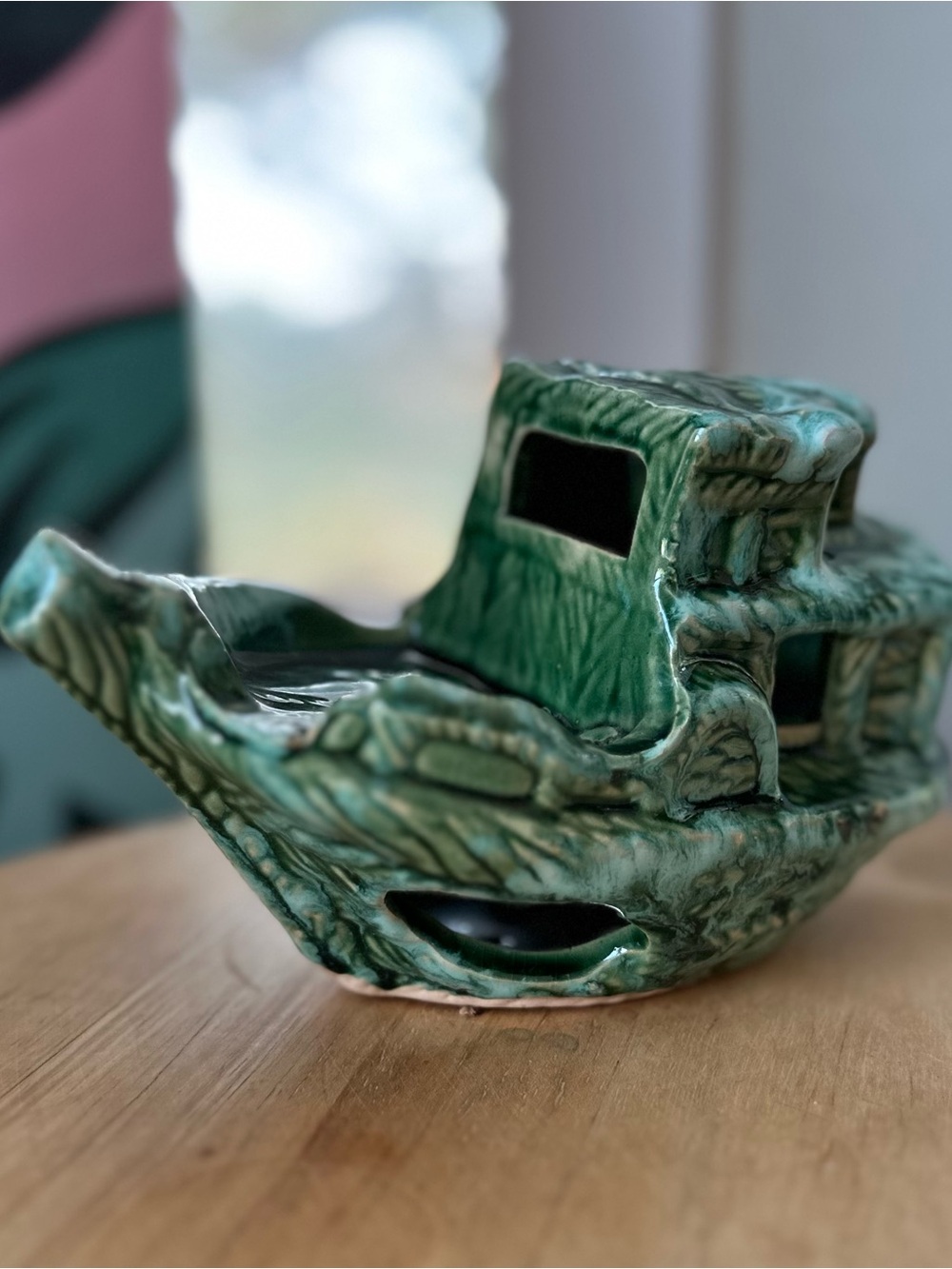 Green Ceramic Sunken Ship - Decorative Glazed Boat Aquarium/Nautical Decor